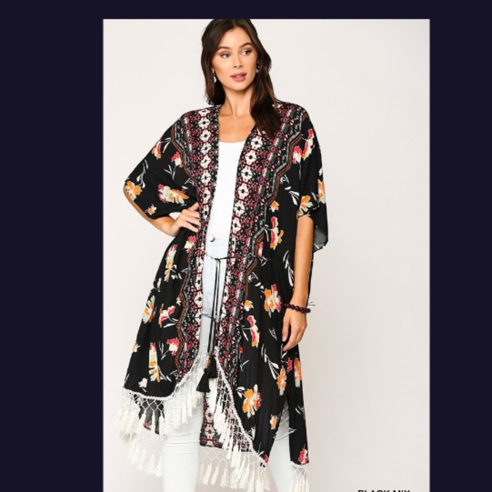 New Gigio S 4 6 8 Oversized Midnight Garden Fringed Midi Kimono Open Jacket